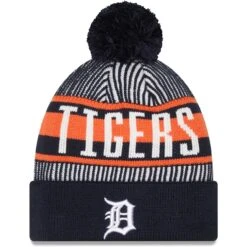 Men's Detroit Tigers New Era Navy Striped Cuffed Knit Hat With Pom