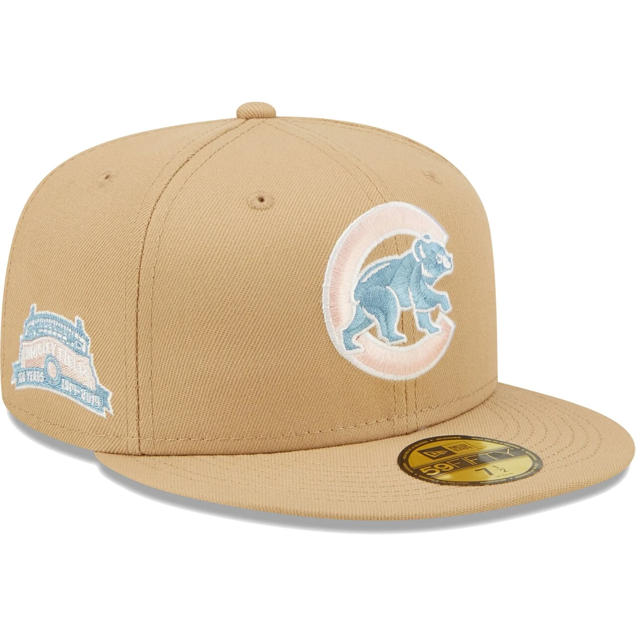 Men's Chicago Cubs New Era Tan 100 Years At Wrigley Field Sky Blue Undervisor 59FIFTY Fitted Hat 1 Men's Chicago Cubs New Era Tan 100 Years At Wrigley Field Sky Blue Undervisor 59FIFTY Fitted Hat