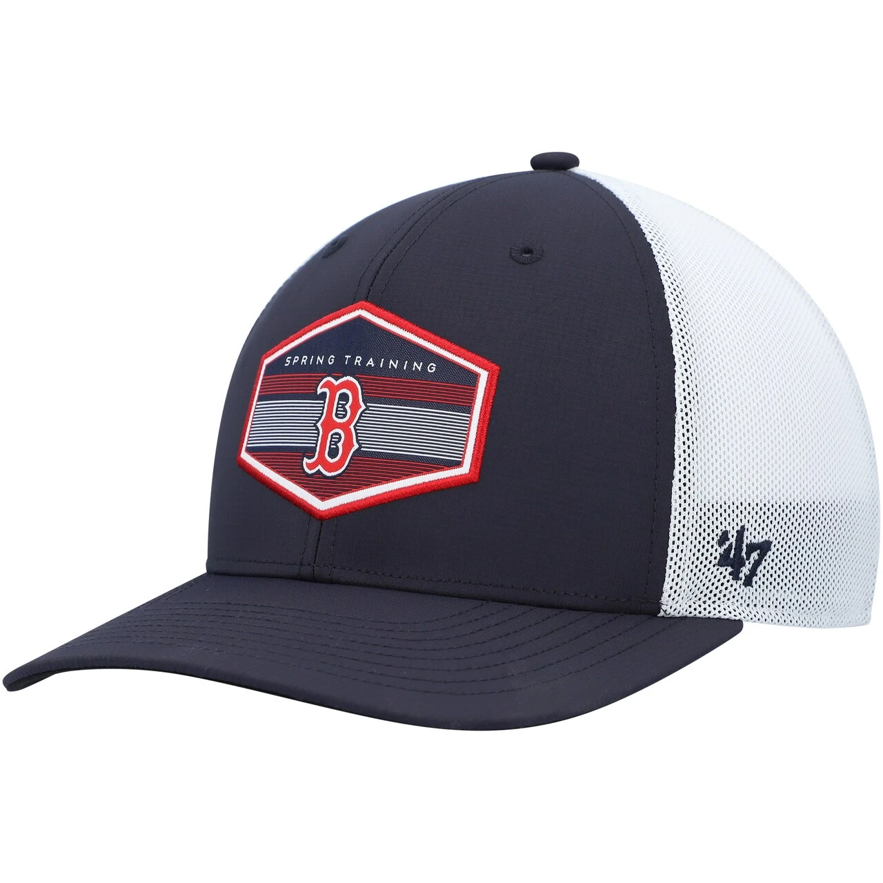 Men's Boston Red Sox '47 Navy/White Spring Training Burgess Trucker Snapback Hat 1 Men's Boston Red Sox '47 Navy/White Spring Training Burgess Trucker Snapback Hat