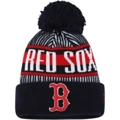 Youth Boston Red Sox New Era Navy Striped Cuffed Knit Hat With Pom