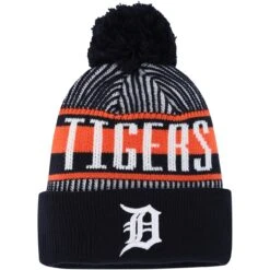 Youth Detroit Tigers New Era Navy Striped Cuffed Knit Hat With Pom