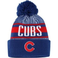 Youth Chicago Cubs New Era Royal Striped Cuffed Knit Hat With Pom